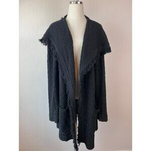Bob Timberlake Black Fringe Open Front Cardigan Sweater size XL Wool